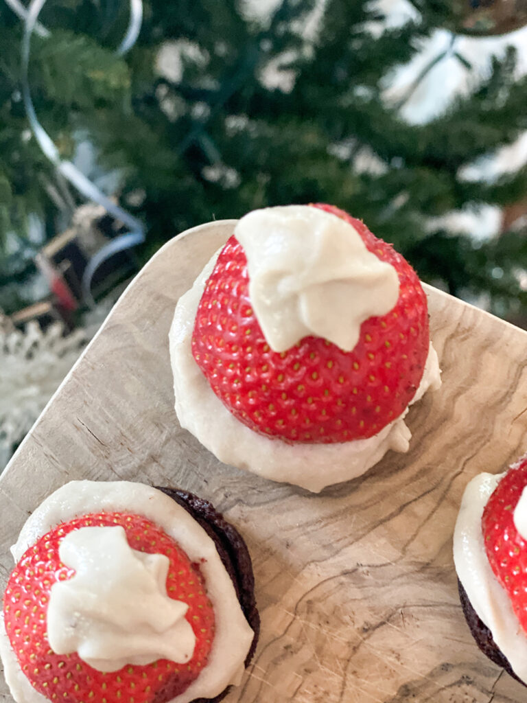 Santa Hat Brownie Homeschooling athymeformilkandhoney.com baking with kids #bakingwithkids #santahat #glutenfreebaking holiday baking