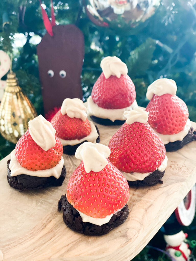 Santa Hat Brownie Homeschooling athymeformilkandhoney.com baking with kids #bakingwithkids #santahat #glutenfreebaking #homeschool